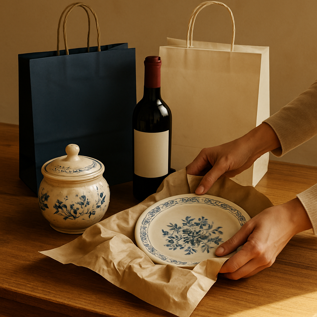 Hands wrapping a ceramic plate in kraft paper next to shopping bags and a bottle of wine