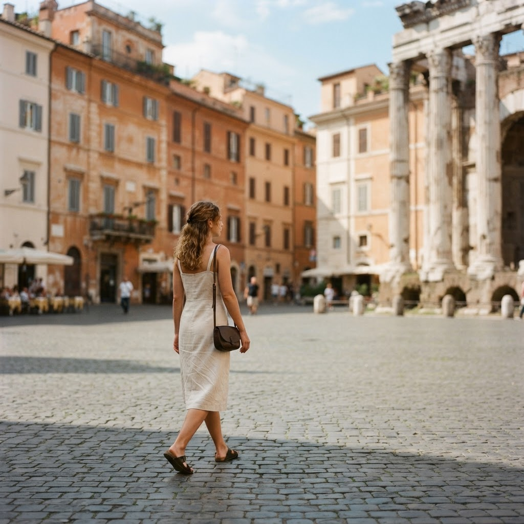 Traveler walking hands-free across a sunlit piazza in central Rome