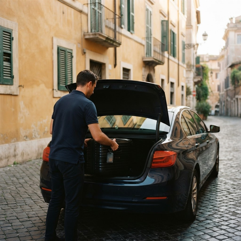 Driver loading a suitcase into the trunk of a dark sedan on a cobblestone street in Rome