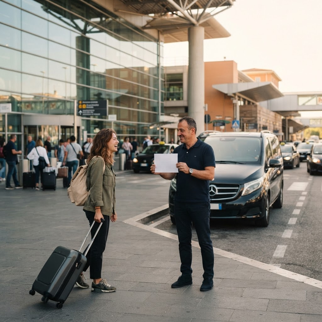Driver welcoming a guest with luggage outside Fiumicino airport