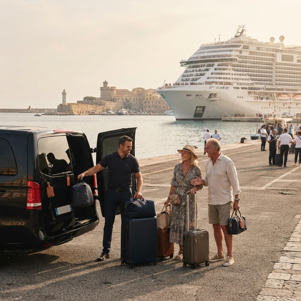 Private driver helping a couple with their suitcases beside a black van at Civitavecchia port, cruise ship docked behind